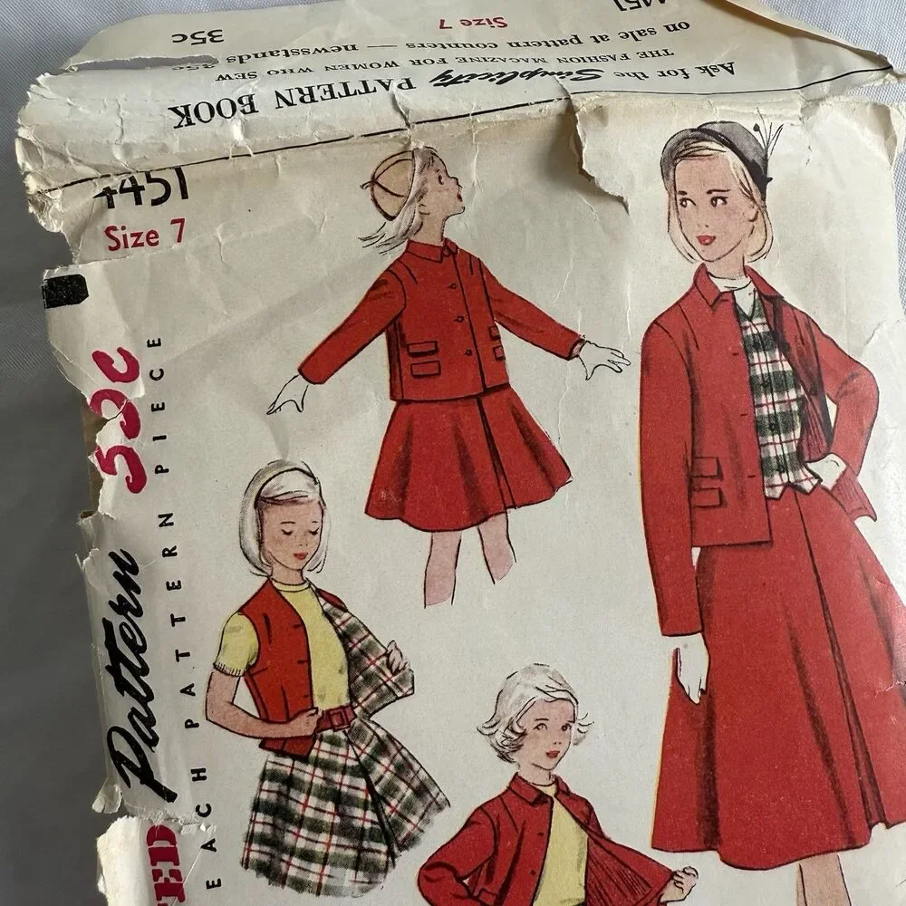 Vtg 1950s Sewing Pattern Simplicity 4451 Girl's 2 Piece Suit Vest Sz 7 Weskit
